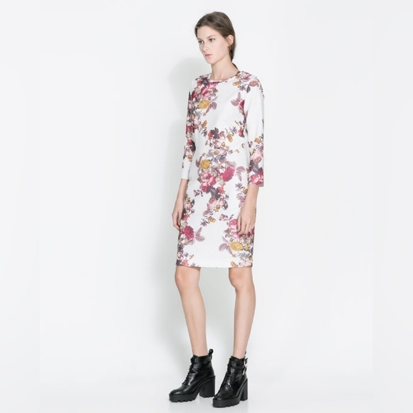 ZARA Bodycon Raw Hem 3-QUART Sleeve Mini Dress Off White Floral - Picture 1 of 8